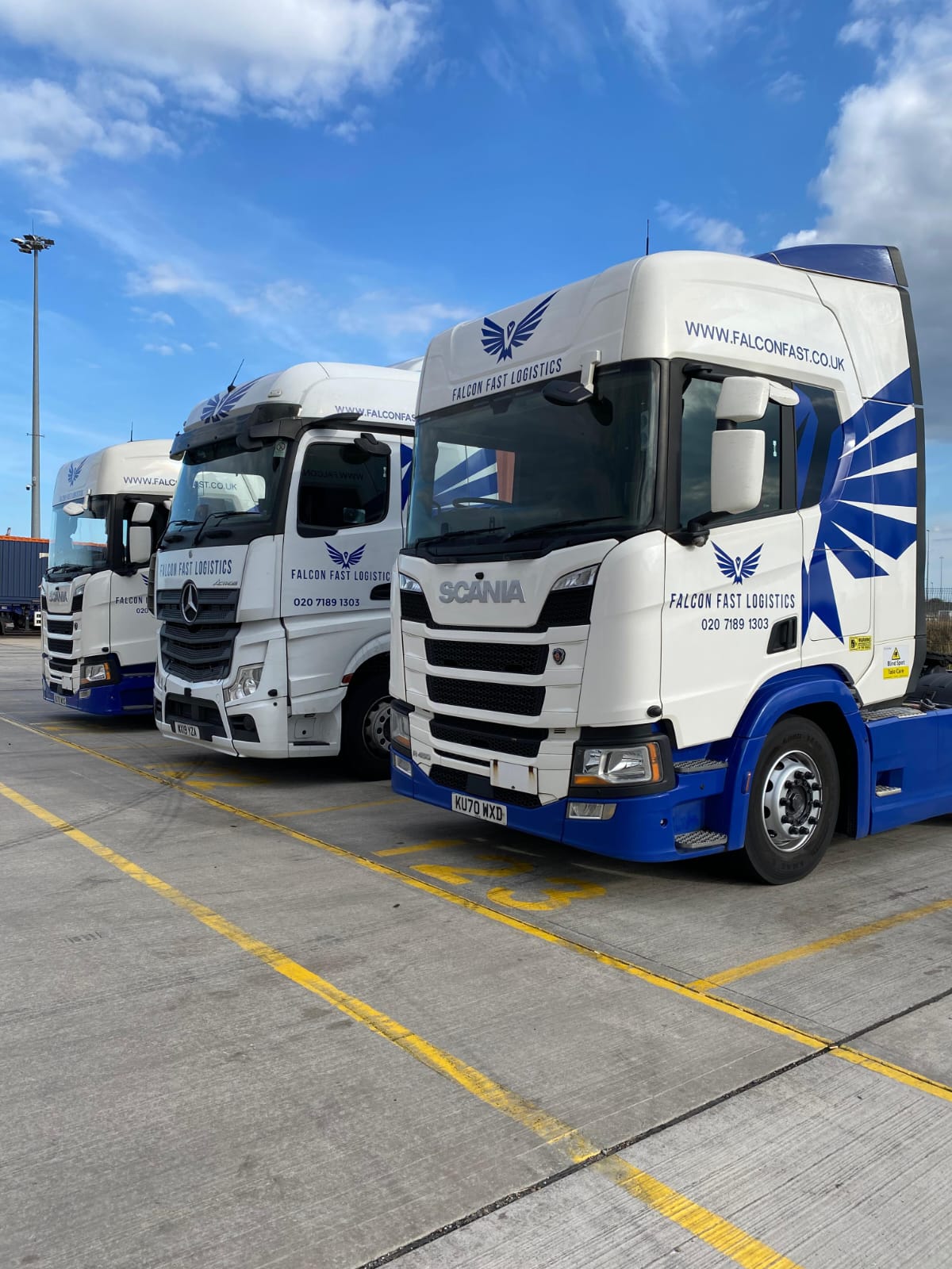 Falcon Fast Logistics Scania and Mercedes-Benz Actros tractor units at the depot