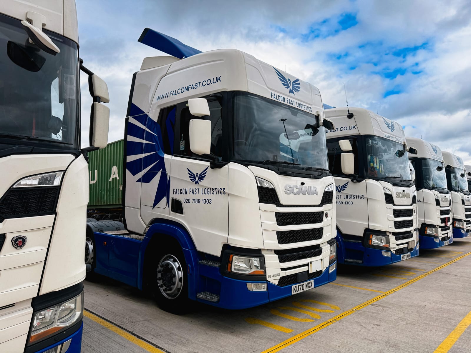 Falcon Fast Logistics Scania fleet lined up at the depot