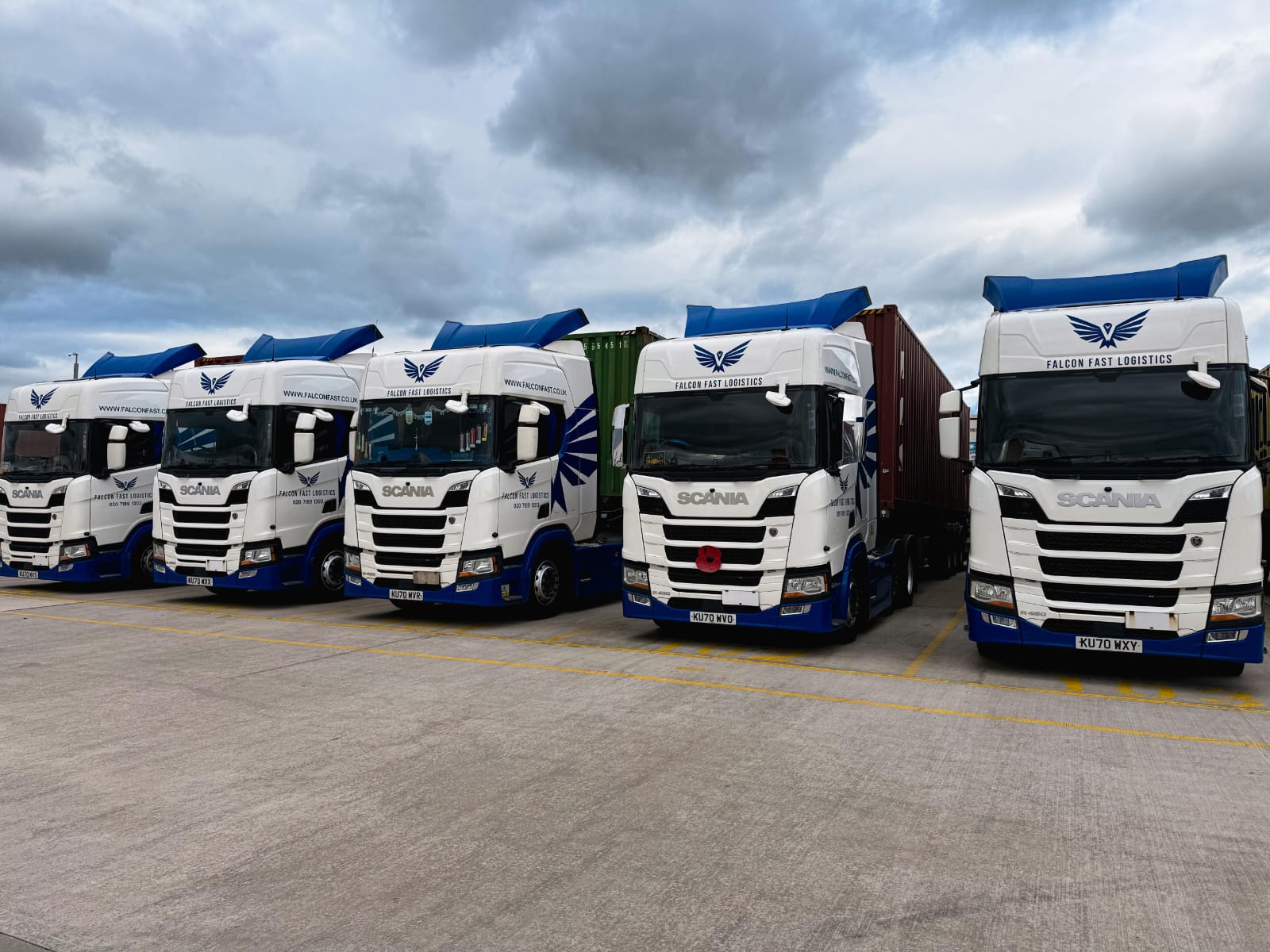 Falcon Fast Logistics Scania tractor units head-on at the depot