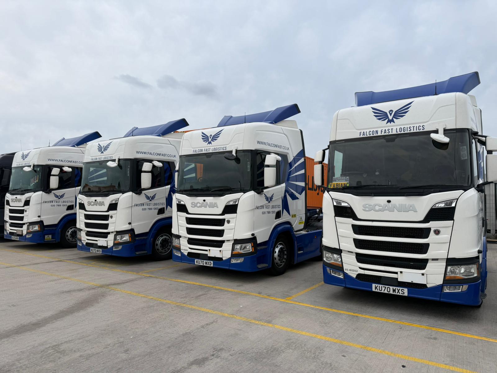 Falcon Fast Logistics Scania tractor units at the depot